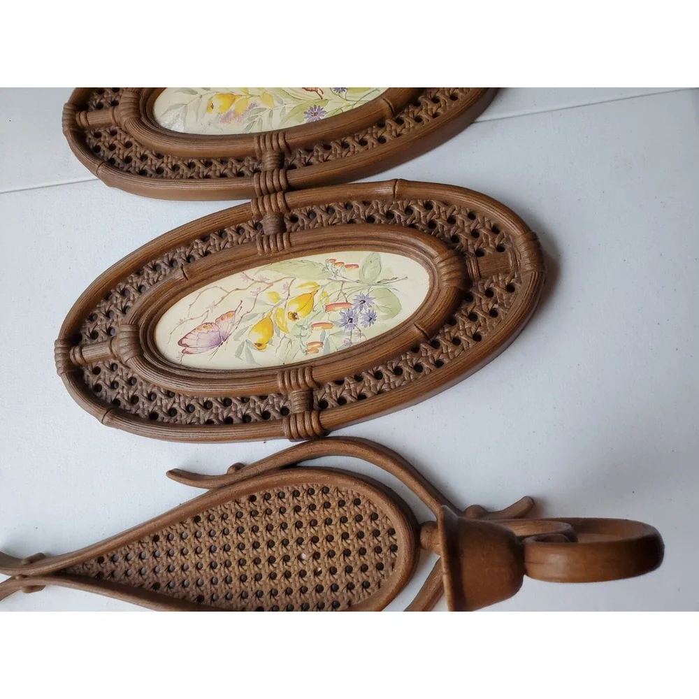 Homco Rattan Wicker 2 Teardrop Wall Candle Holders & 2 Picture 1980s